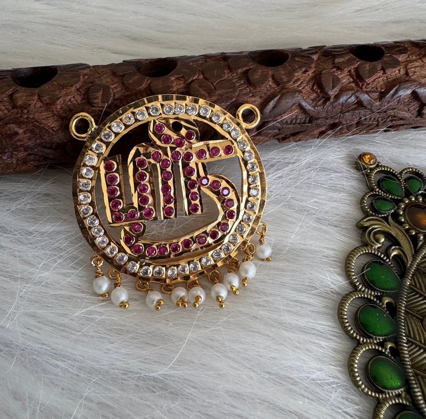 Gold tone AD pink Tamil Sree pendant dj-51285