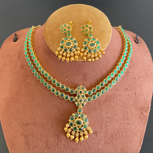Matte finish green double layer attigai/necklace set dj-52719
