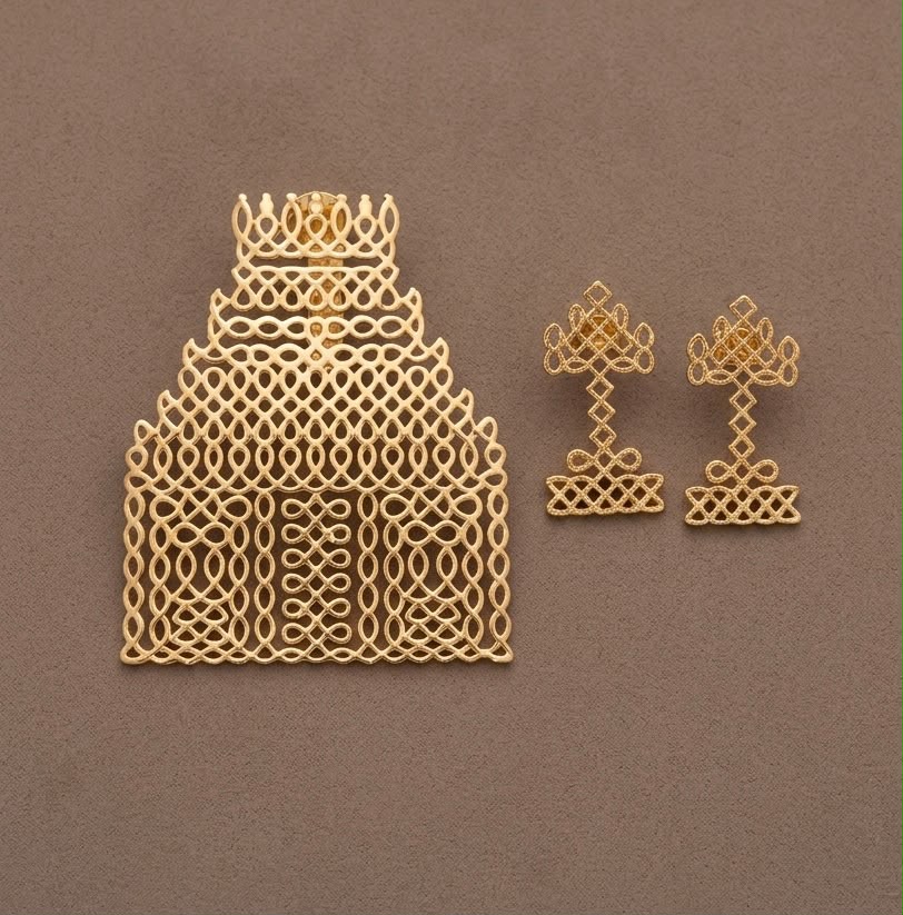 Antique tone temple pendant with earrings dj-54410