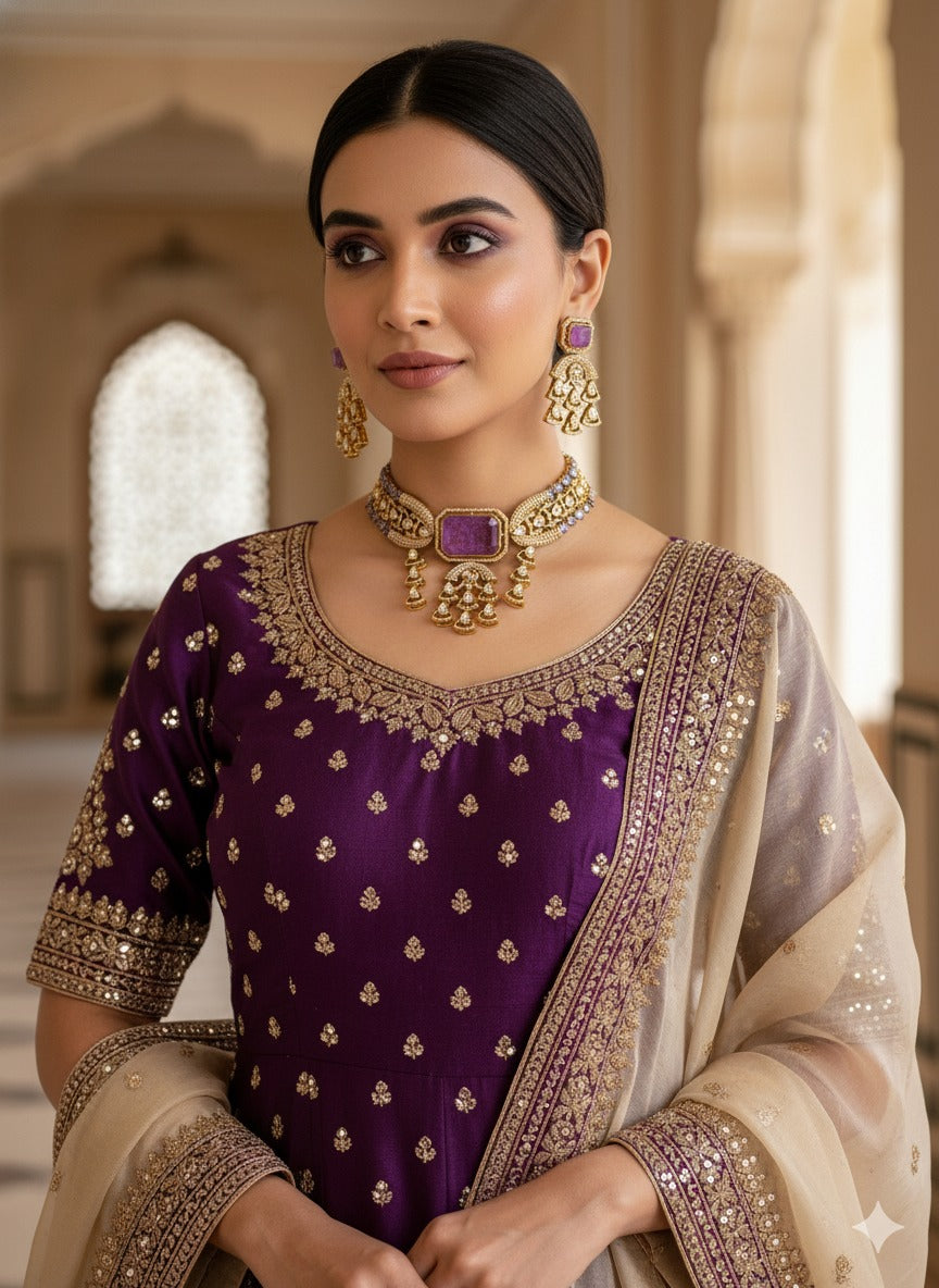 Antique gold tone cz kundan purple choker necklace set dj-51077