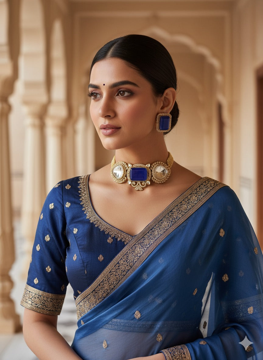 Antique gold tone cz big stone white-royal blue choker necklace set dj-51084