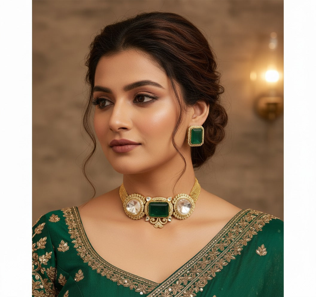 Antique gold tone cz big stone white-bottle green choker necklace set dj-51090