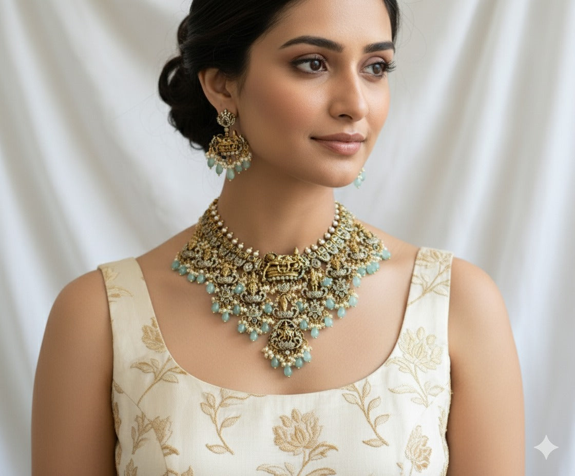 Matte finish cz white stone Victorian Dasavatharam necklace set dj-42381