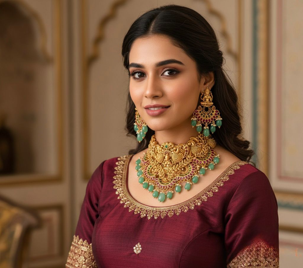Matte finish real kemp-green Lakshmi bridal choker set dj-32591