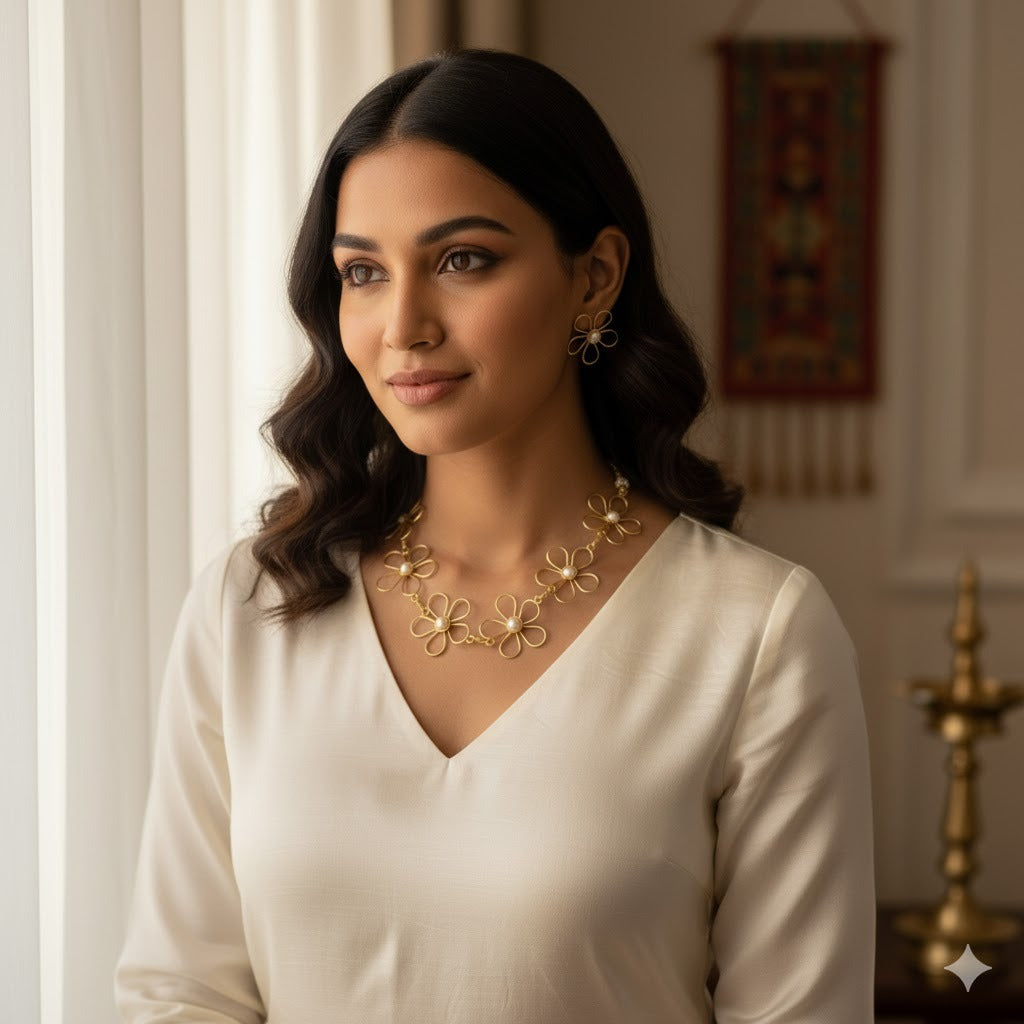 Gold tone pearl flower hasli necklace set dj-51249