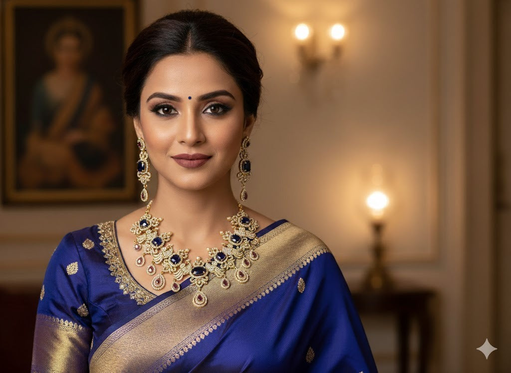 Antique gold tone cz blue-pink peacock necklace set dj-51200