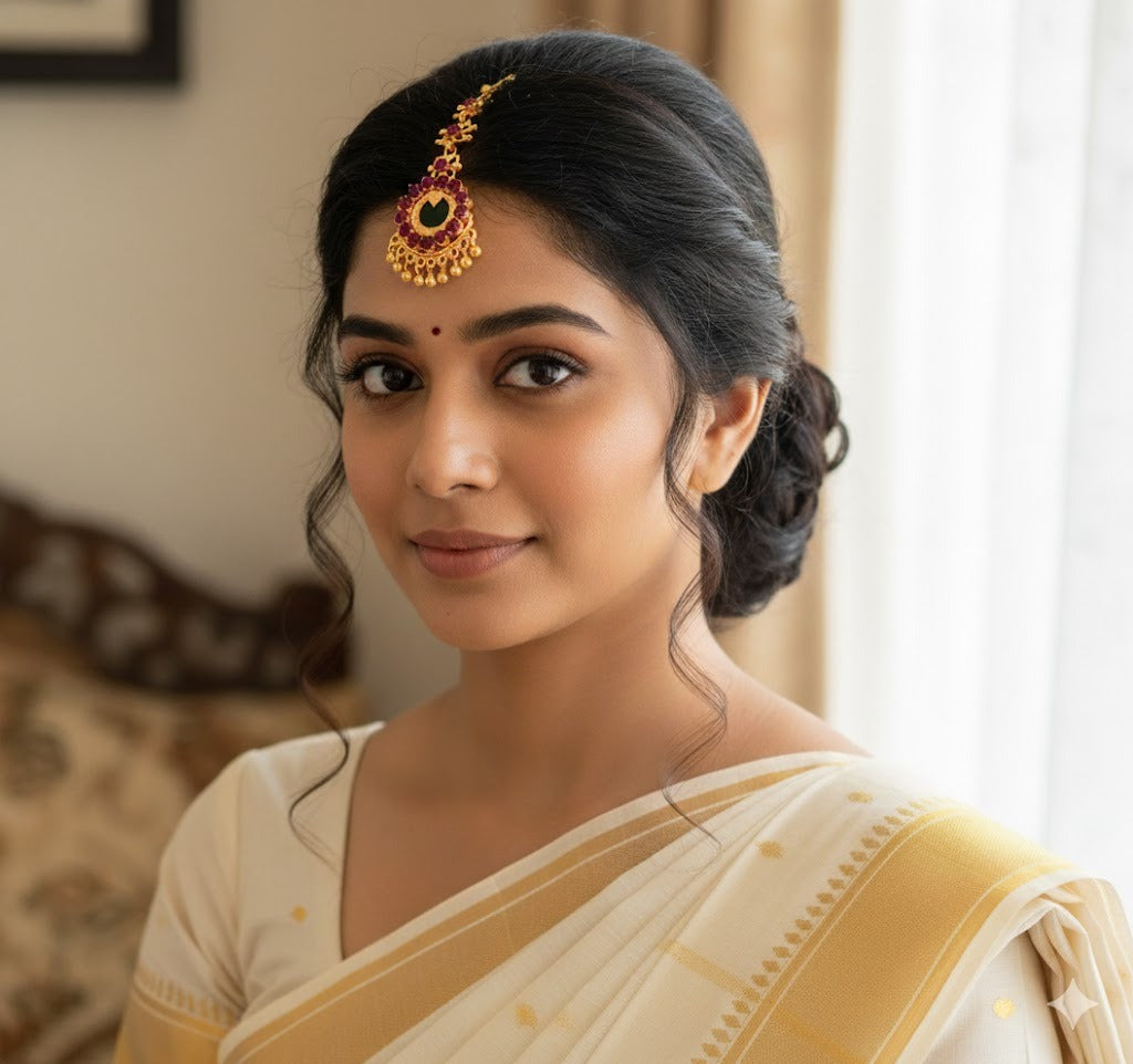 Gold tone pink-green kerala style round tikka dj-44615