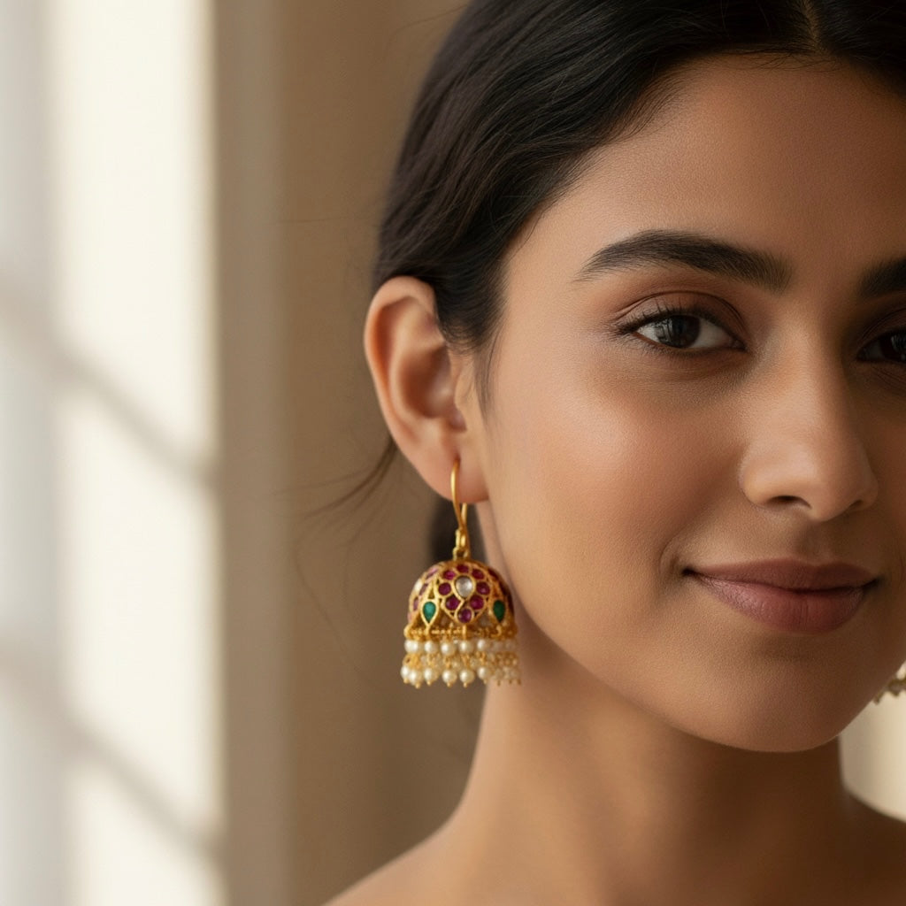 Matte finish kemp-green-white kundan hook mango jhumkka dj-47089