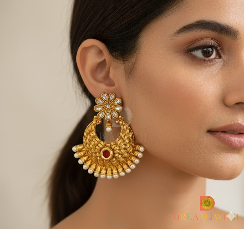 Antique gold tone ruby-white big bali earrings dj-37315