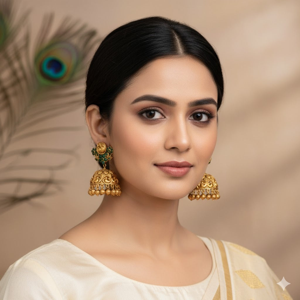 Matte finish swan-flower green stone jhumkka dj-37276