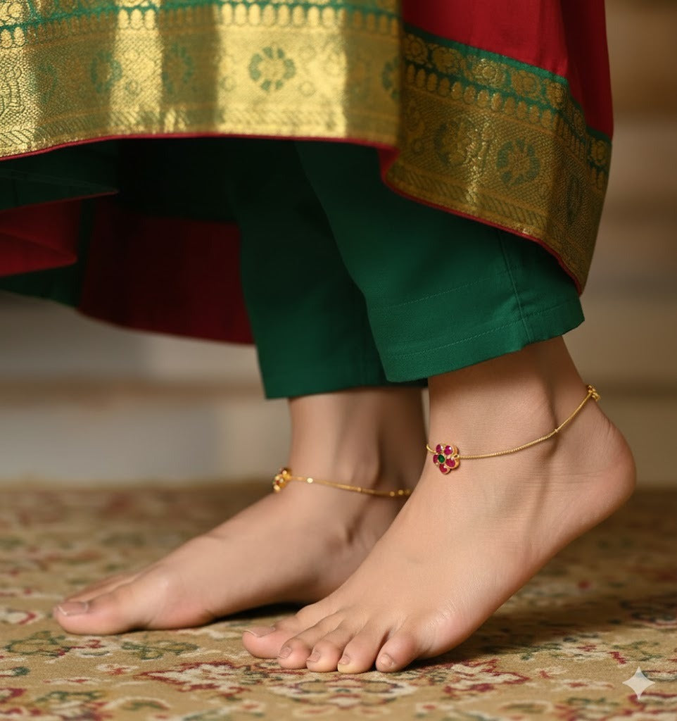 Gold tone pink-green flower kundan jadau anklets dj-51409