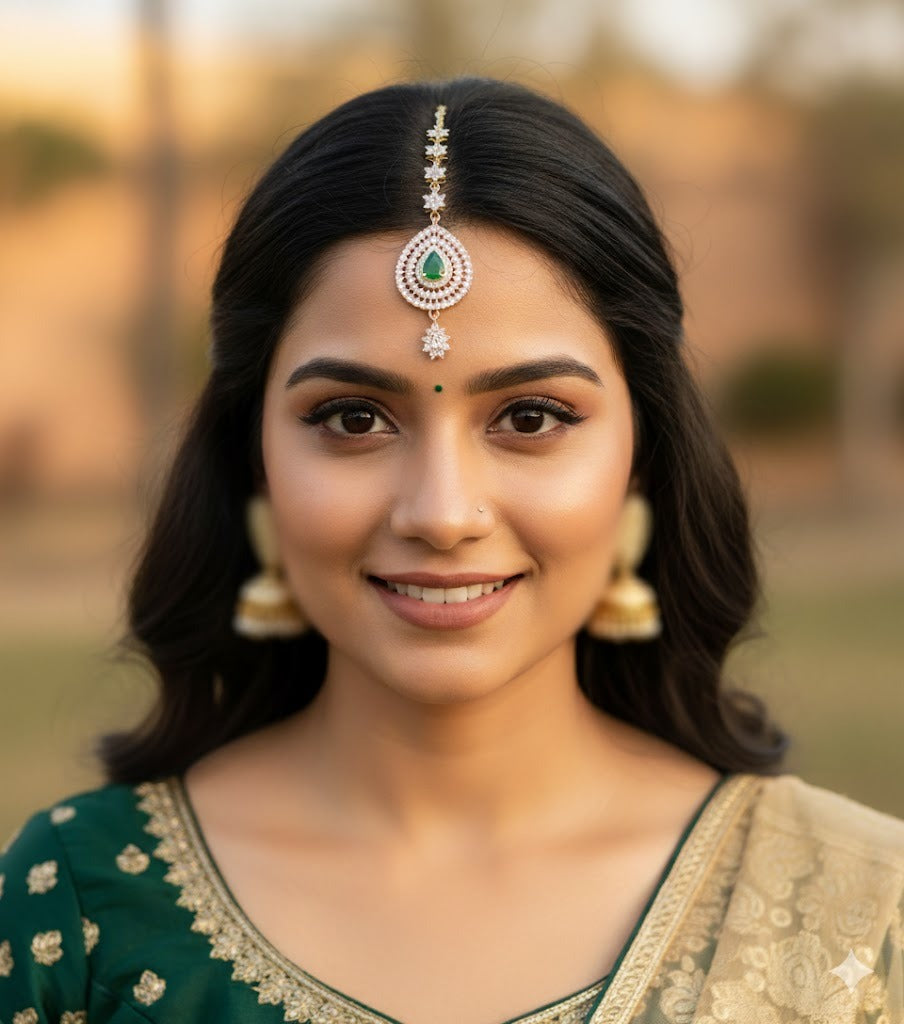 Two tone cz-green thilak stone tikka dj-51371