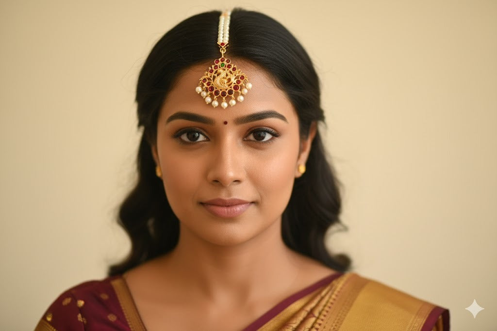 Gold tone kemp-green pearl swan designer maang tikka dj-29721