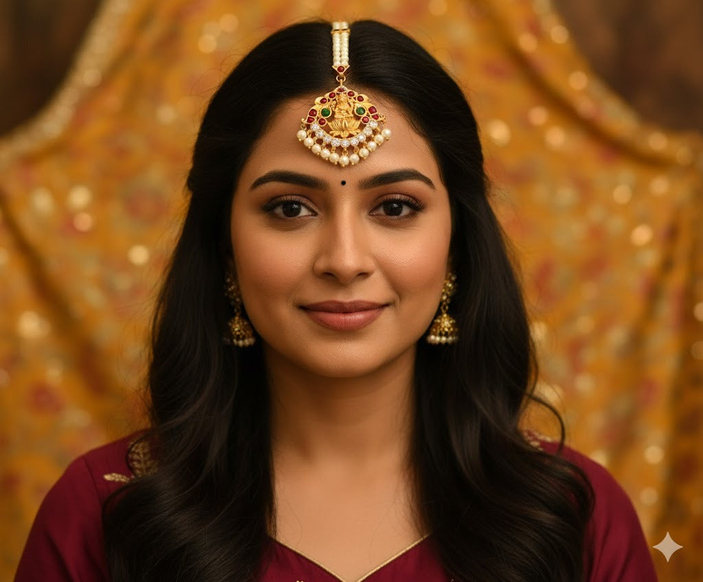 Gold tone white kemp green lakshmi Maang Tikka DJ29714