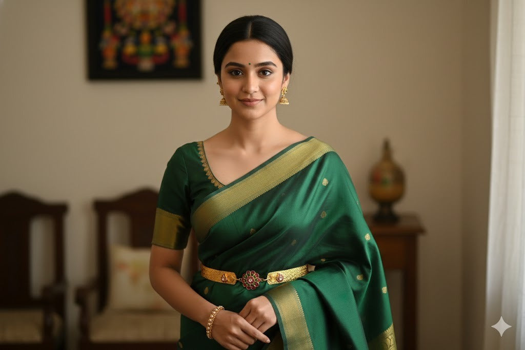 Gold tone pink-green-white kundan jadau flower mango waist band dj-52178