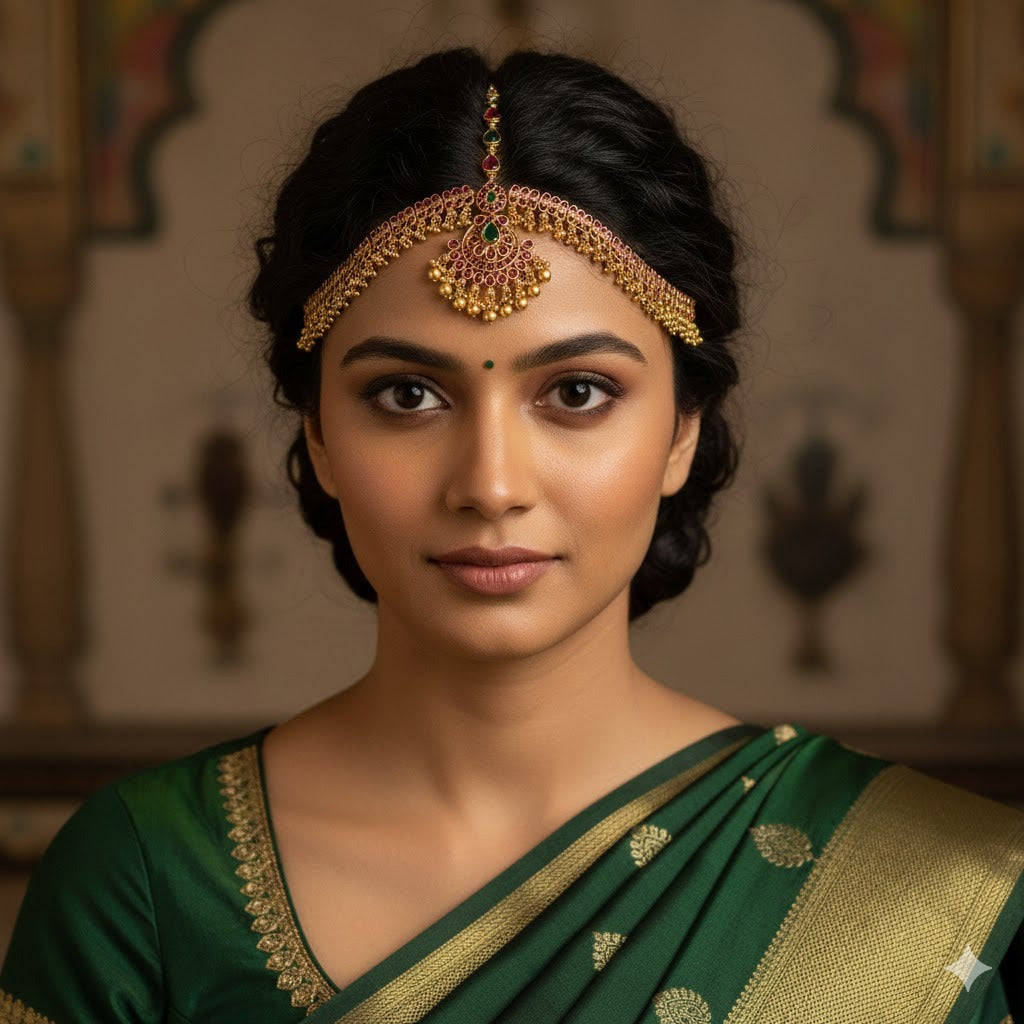 Matte finish kemp-green flower maang tikka dj-51377