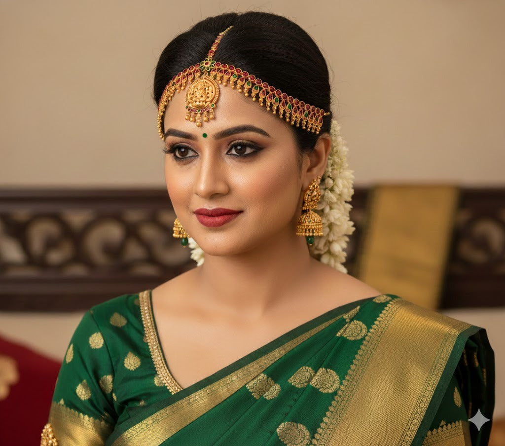 Matte finish kemp-green flower lakshmi maang tikkaa dj-45722