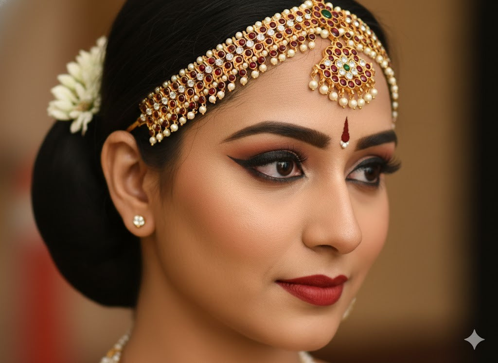 Gold tone kemp-green-white pearl bead maang tikka dj-50387