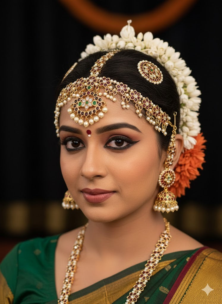 Gold tone precious kemp-green-white pearl cluster with sun and moon head set/tikka dj-52014