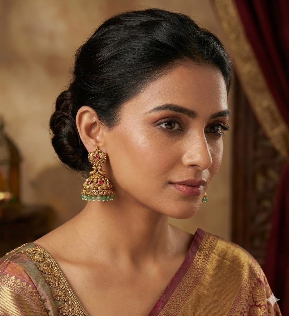 Antique gold tone pink-green beaded swan jhumkka dj-51051