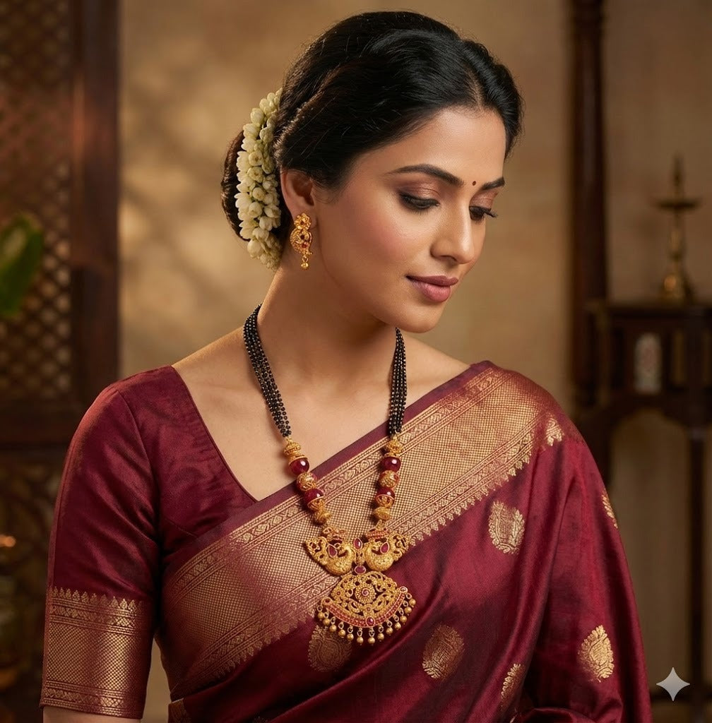 Matte finish ruby peacock mangalsutra set dj-19689