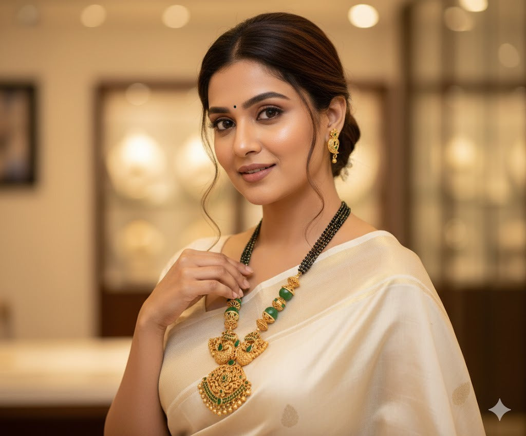 Matte finish emerald peacock mangalsutra set dj-19688