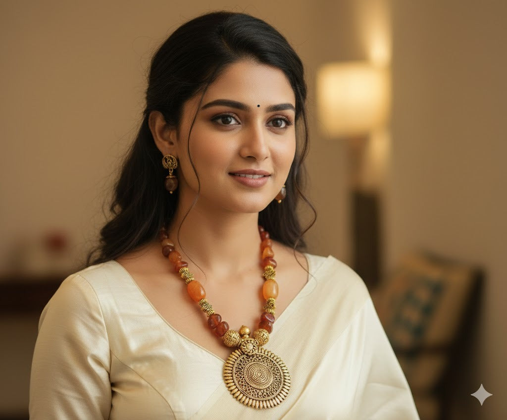 Antique Brown Onyx Bead Round Necklace Set DJ20683