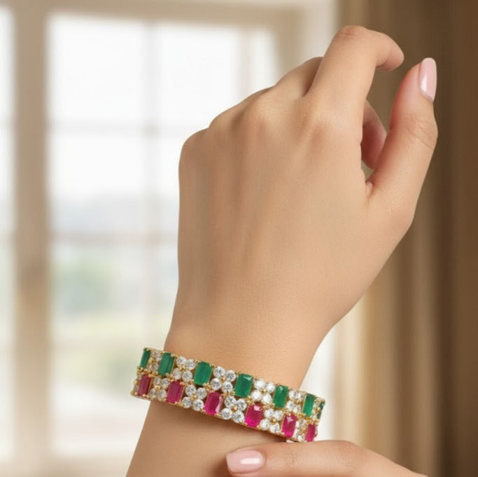 Gold tone Cz Ruby-emerald Bracelet DJ20715