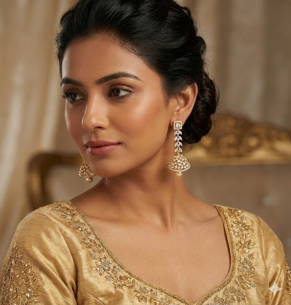 Gold tone cz white block stone long jhumkka dj-47678