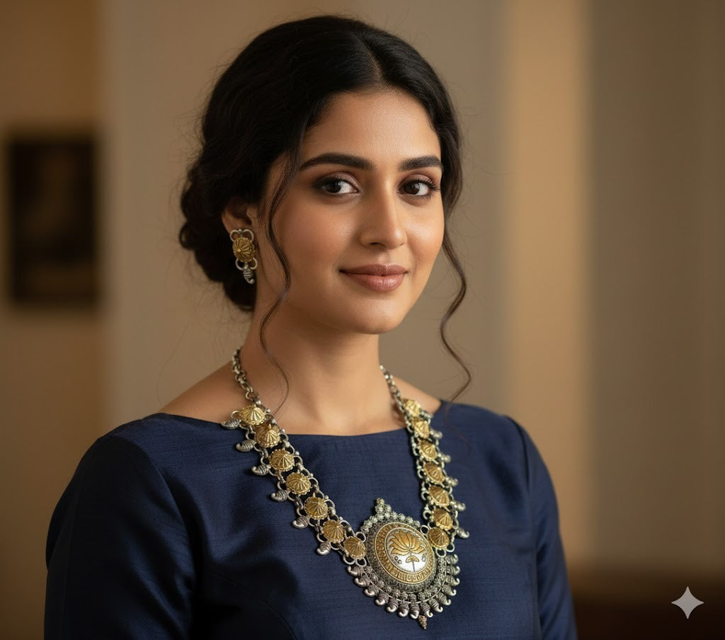 Oxidised two tone big lotus necklace set dj-47660