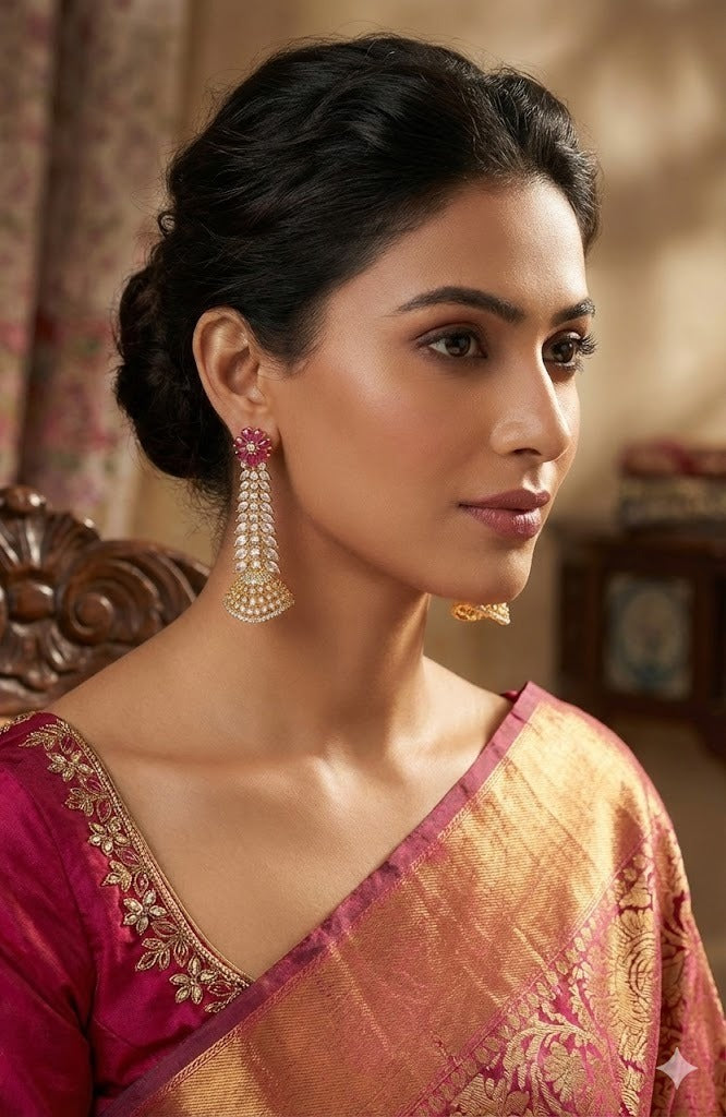 Gold tone ruby-white stone flower long jhumkka dj-47680