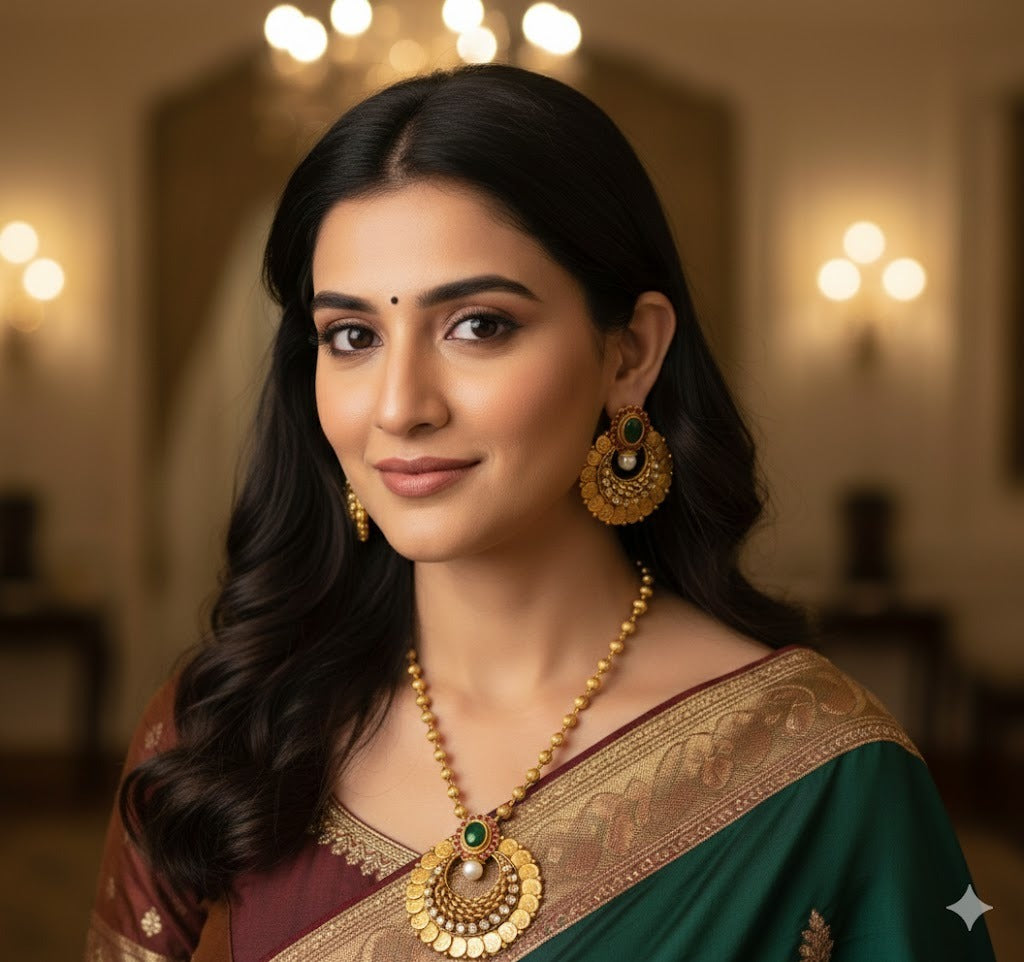 Antique gold tone 18 inches ball chain with red-green-white lakshmi coin bali pendant set dj-47672