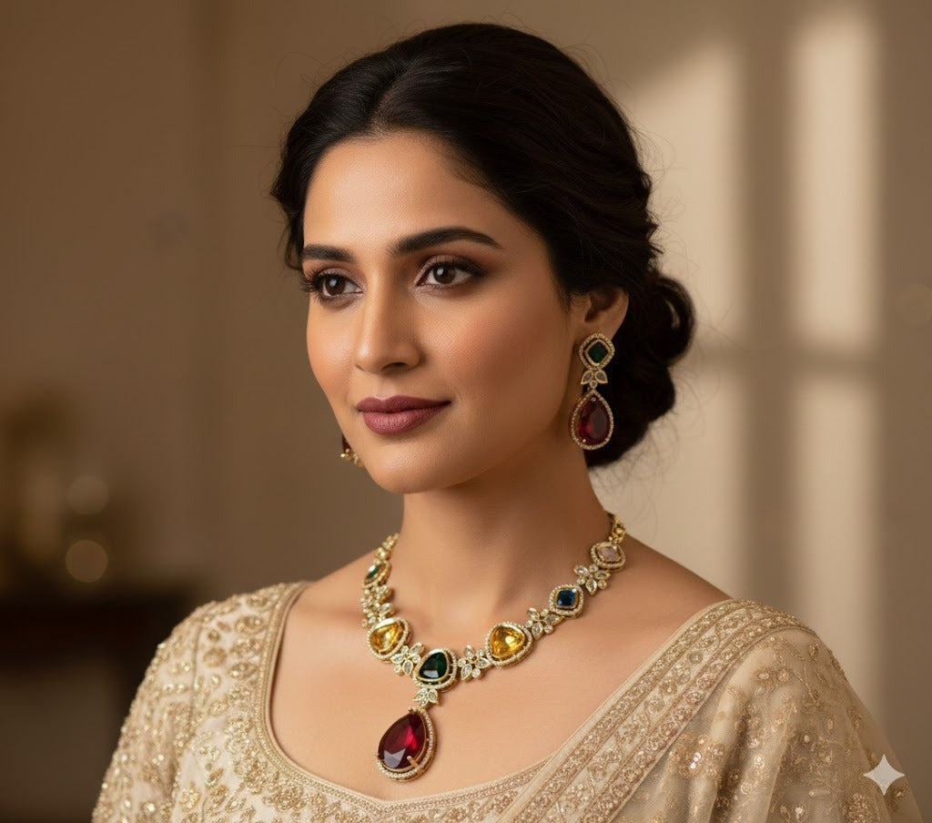 Antique gold tone cz white- multi color victorian necklace set dj-47743