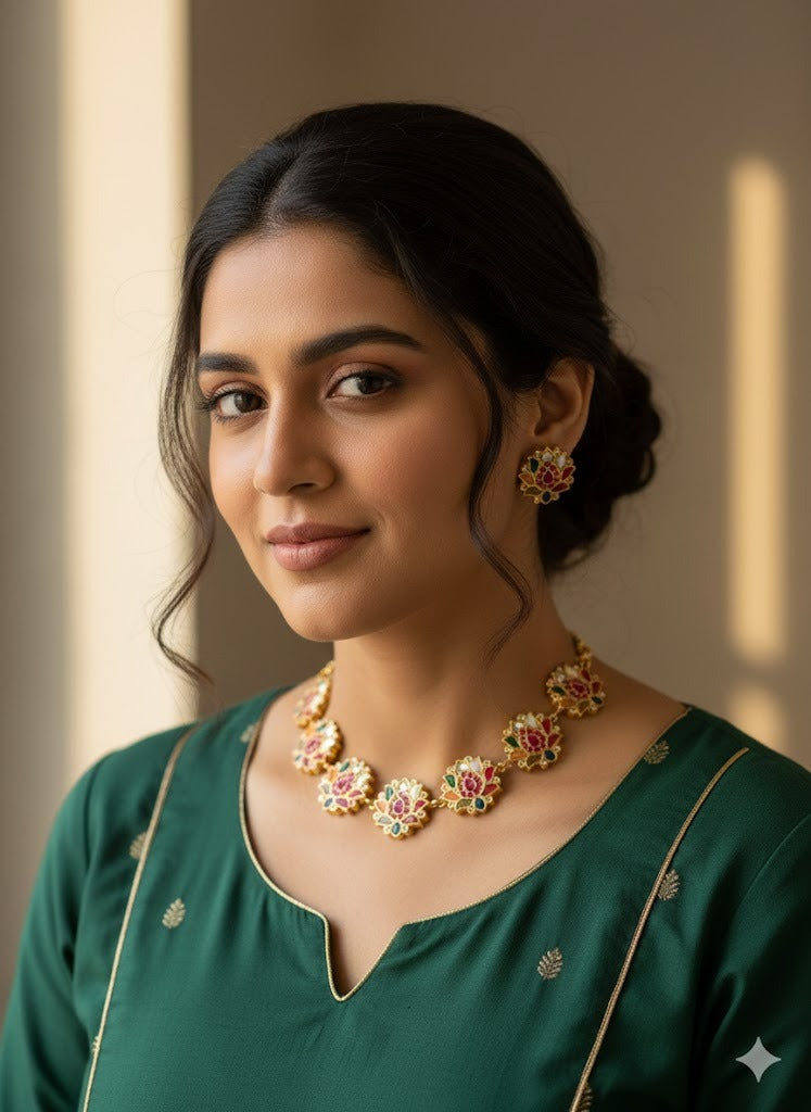 Gold tone navarathna kundan jadau lotus necklace set dj-51544