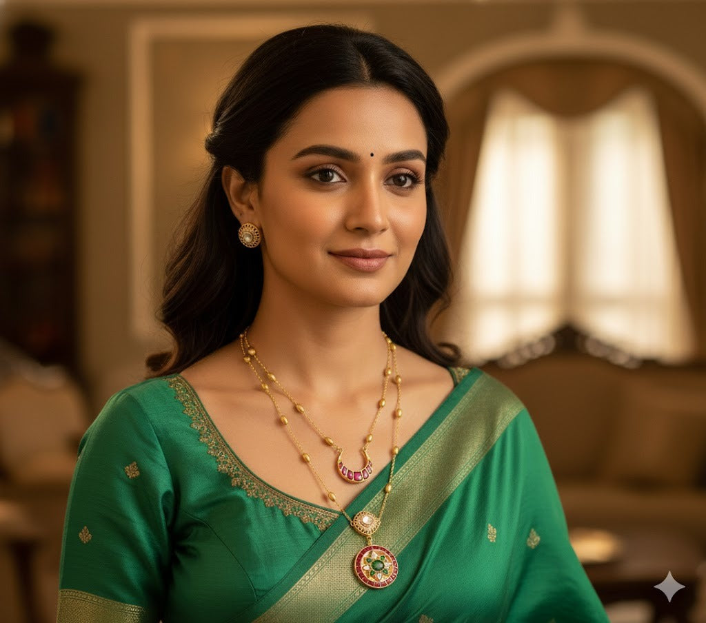 Gold tone pink-green-white double layer kundan jadau necklace set dj-45273