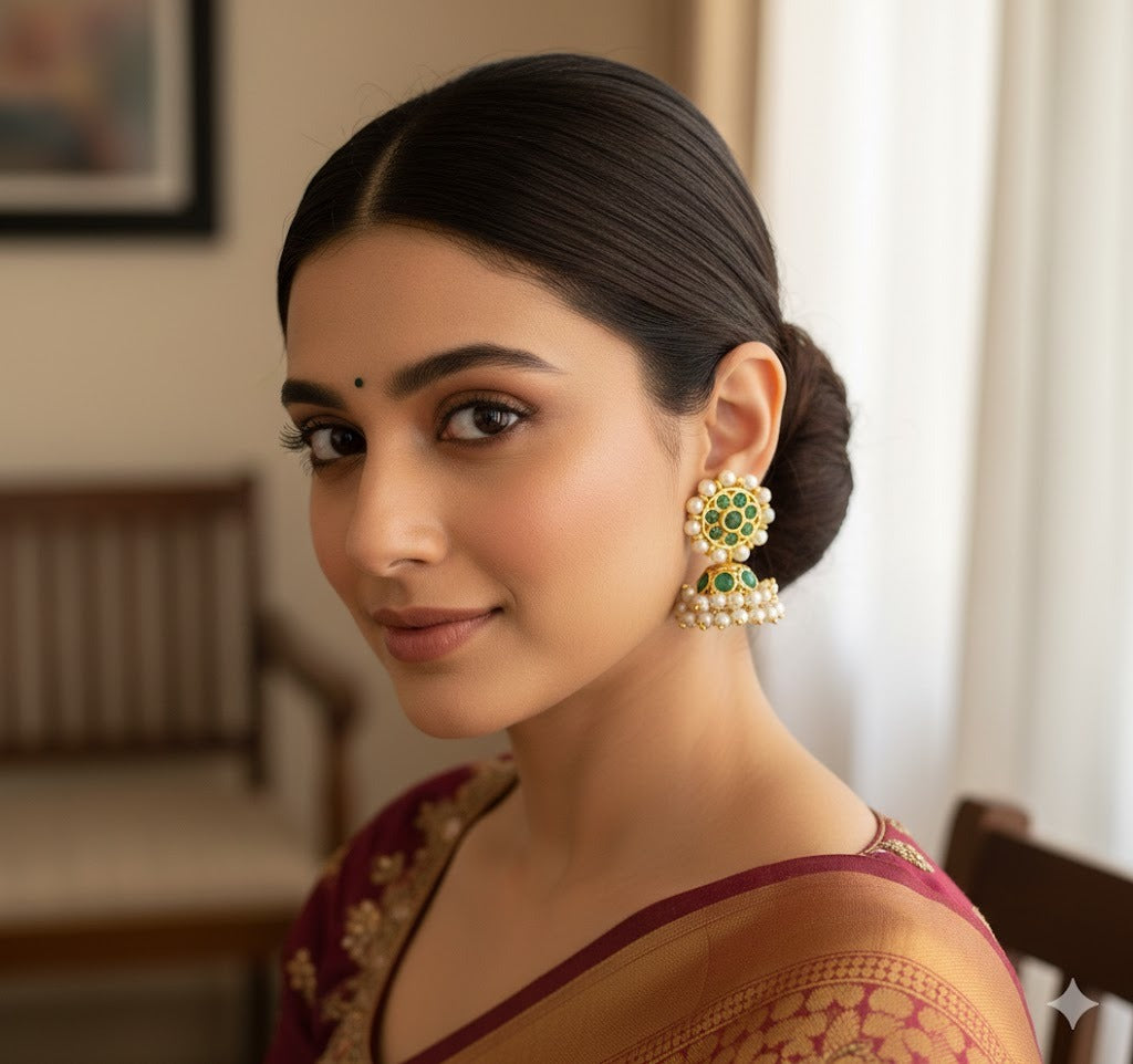 Gold tone precious kemp green pearl small jhumkka dj-51044