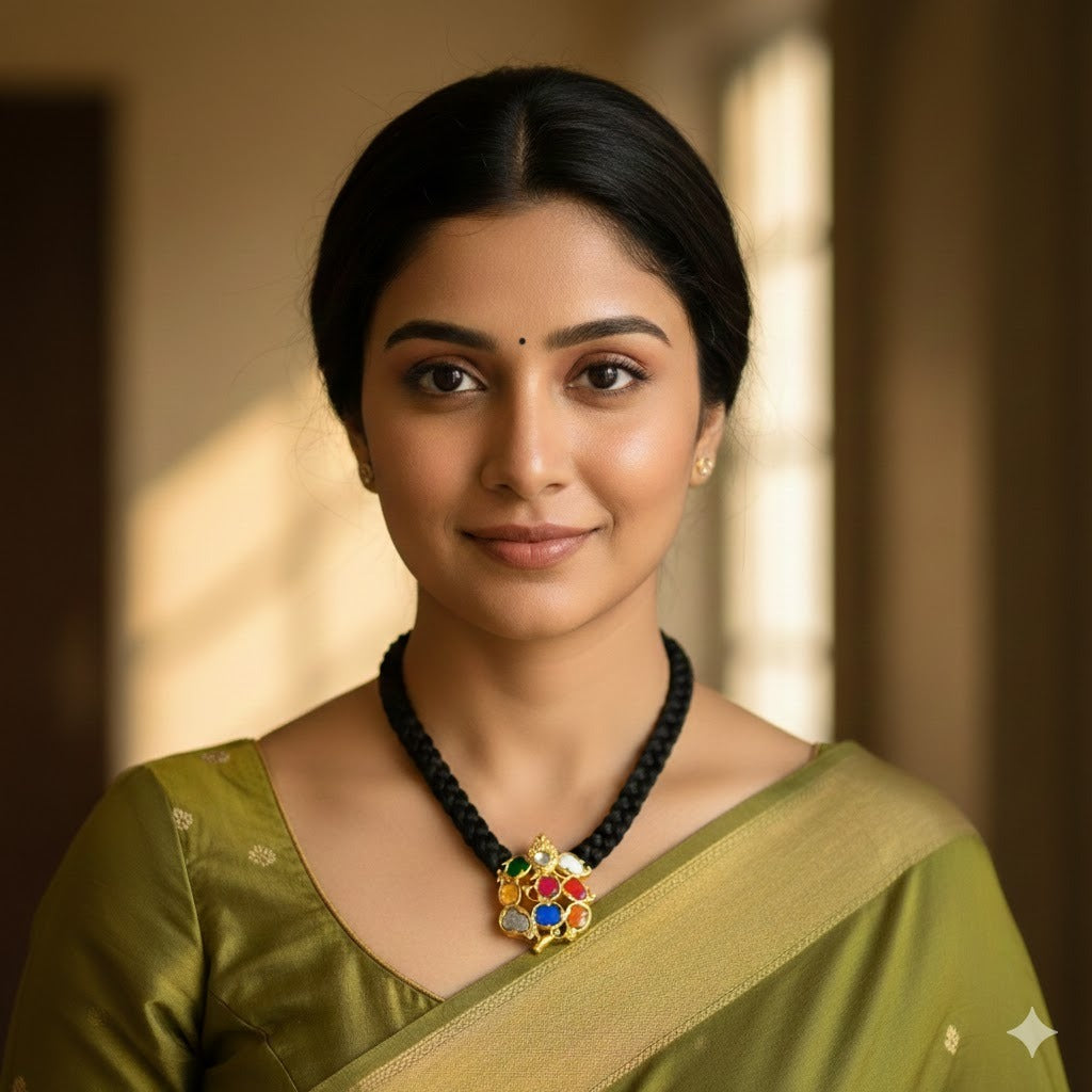 Gold tone black silk thread ganesha navarathna kundan jadau necklace dj-48656