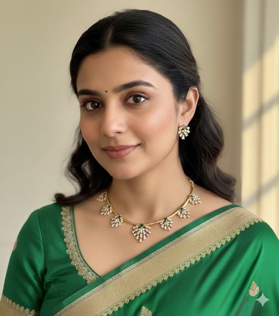 Matte finish cz white-green kanti necklace set dj-52116