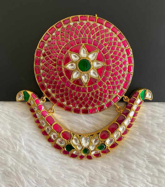 Gold tone pink-green-white kundan jadau big round flower pendant/hair jwell dj-50732
