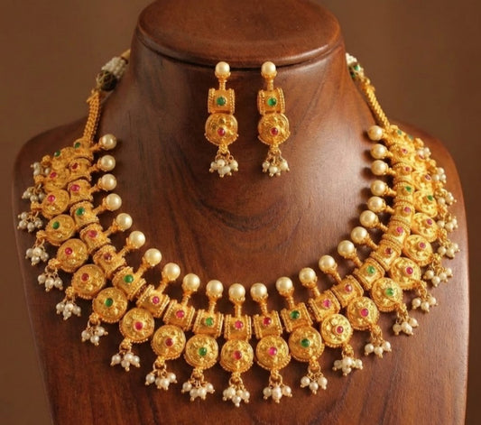 Gold Tone Gutta Pusalu Ruby-green Necklace Set-dj06210