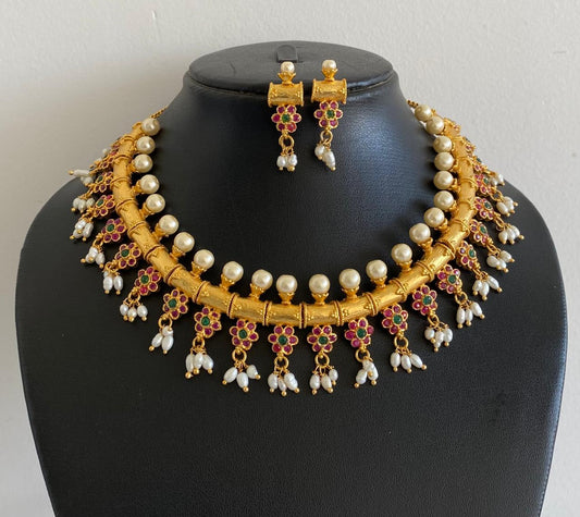 Gold Tone Ruby-emerald rice pearl Gutta Pusalu Necklace Set-dj07907