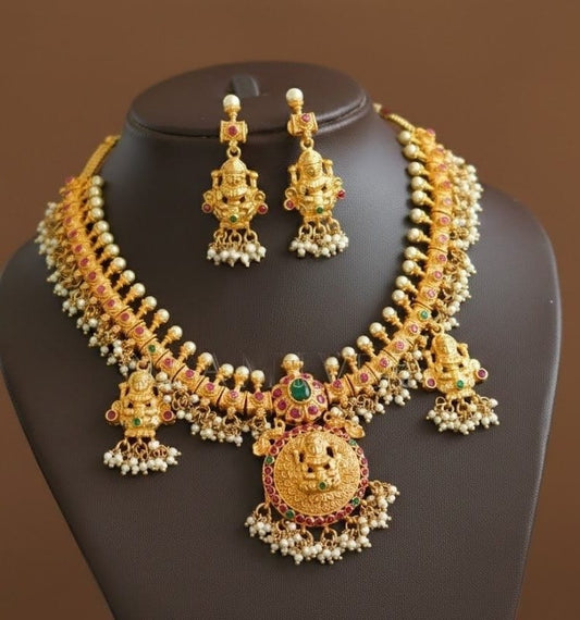 Gold tone Gutta pusalu Lakshmi ruby-emerald necklace set dj-10984