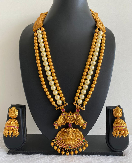 Matte Finish Ruby-emerald Lakshmi Pearl Beaded Haar Set dj-10373