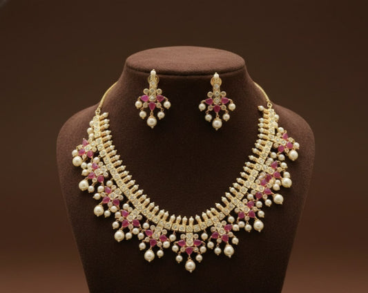 Gold tone pearl ruby gutta pusalu necklace set-dj05054