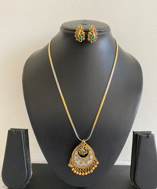 Beautiful Dual Tone Emerald Peacock Necklace Set-dj07451