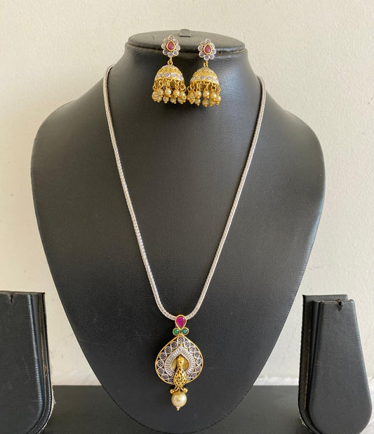 Two Tone Ruby-emerald pearl Peacock Necklace Set-dj07449