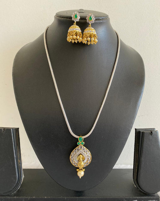 Beautiful Dual Tone Emerald Peacock Necklace Set-dj07450