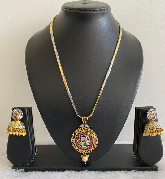 Two Tone Pink-green pearl Peacock Necklace Set-dj07443