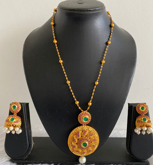 Matte finish ruby-emerald round pendant necklace set-dj07167