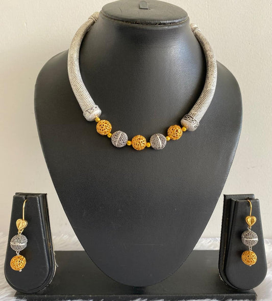 Dual Tone oxidized silver beaded kante necklace set-dj07153